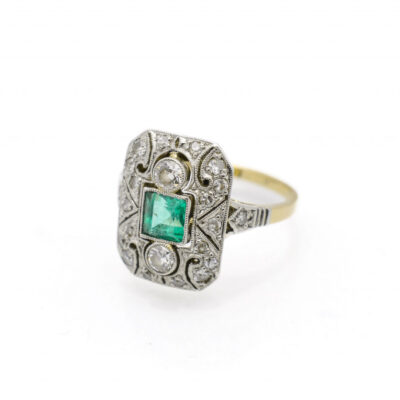 Starožitný zlatý prsten se smaragdem a diamanty, vel. 53